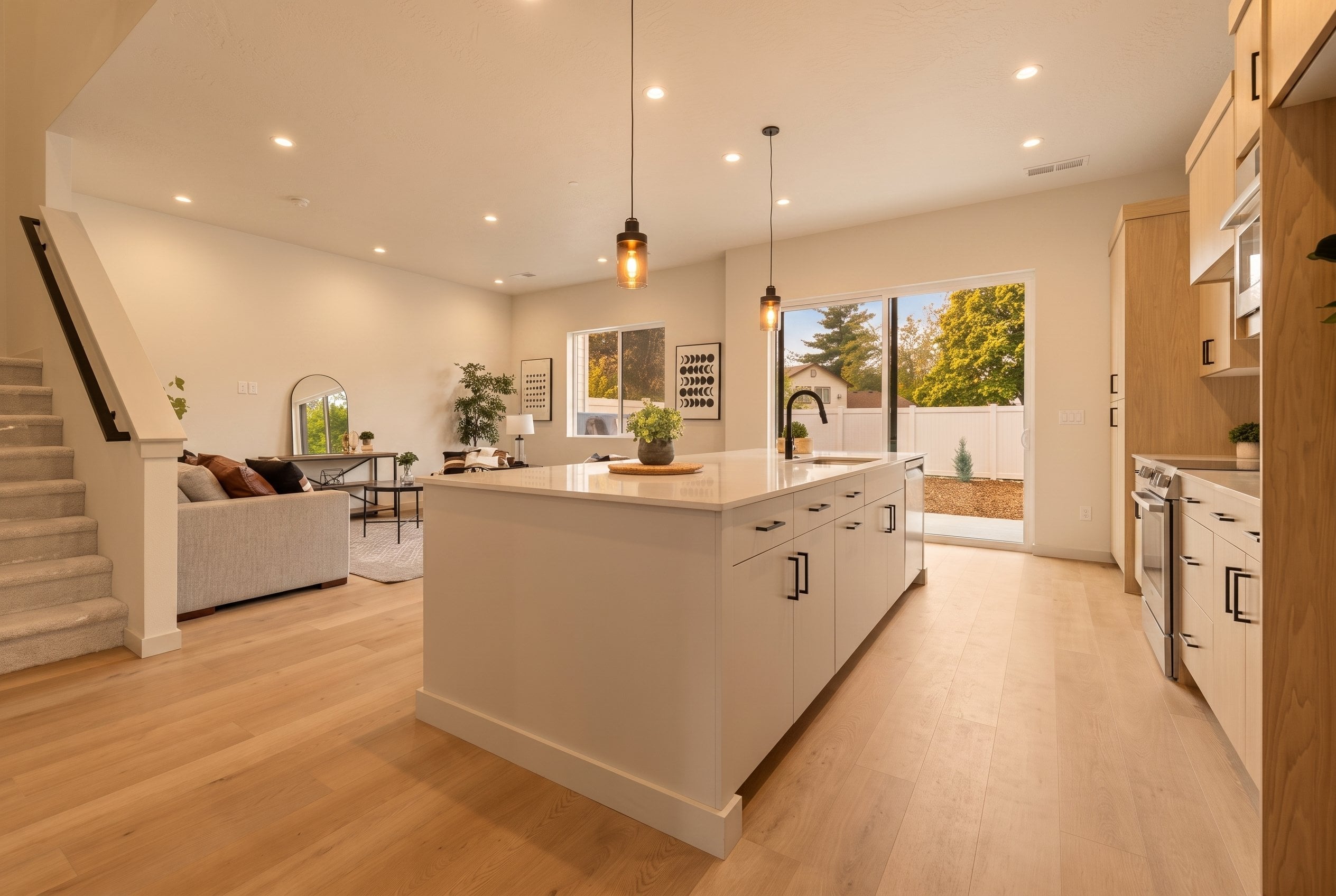 Kitchen and living space at golden hour