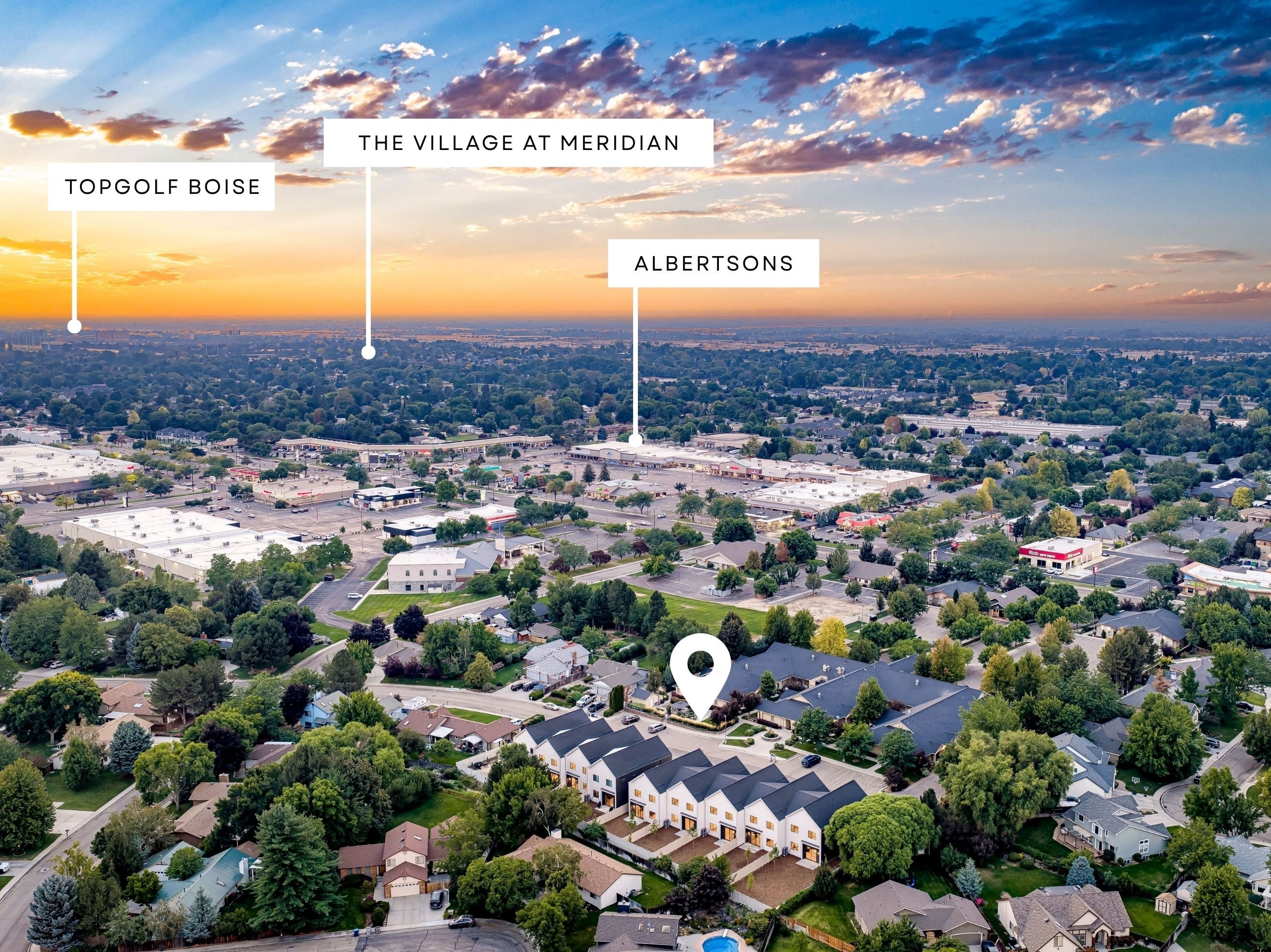 Aerial view of Ebb and Flow showing Albertsons, The Village at Meridian and Topgolf Boise nearby