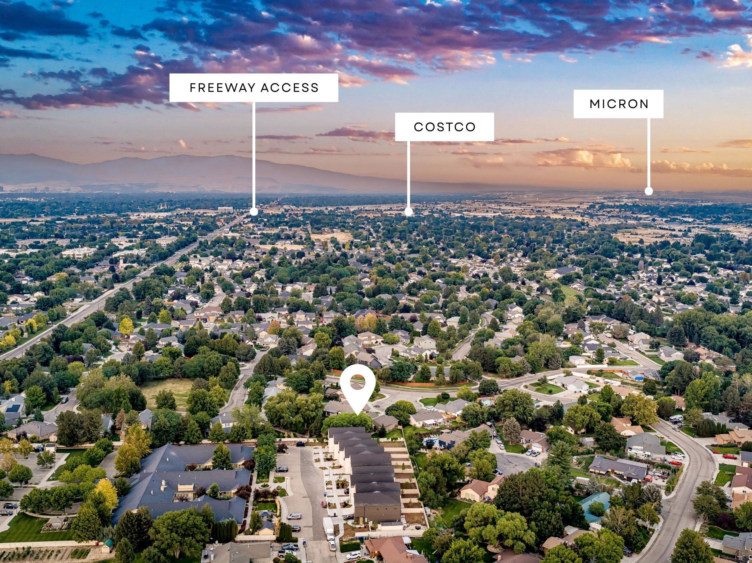 Aerial view of Ebb and Flow showing freeway access, Costco and Micron