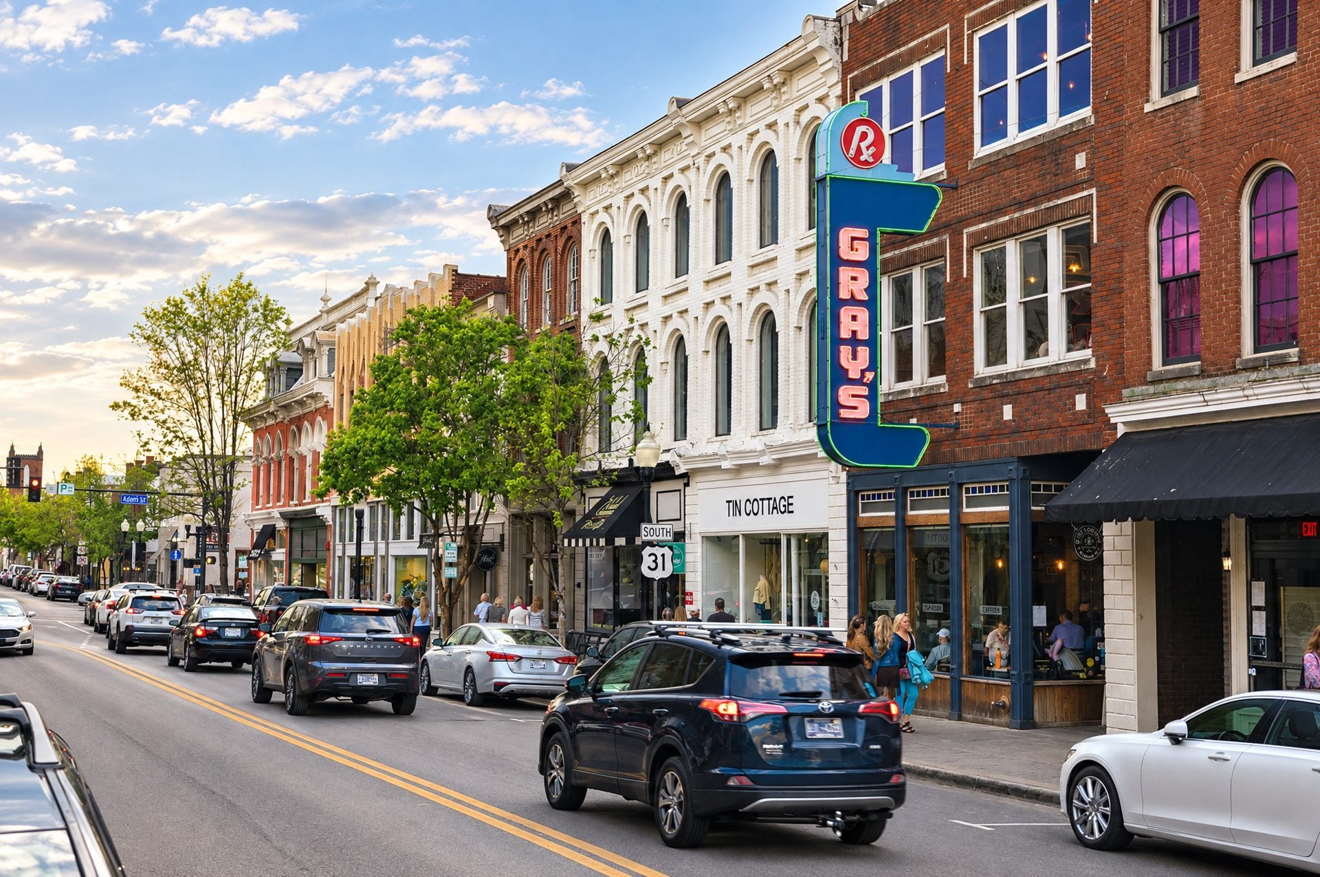 Main Street in downtown Franklin, TN with the Gray's sign