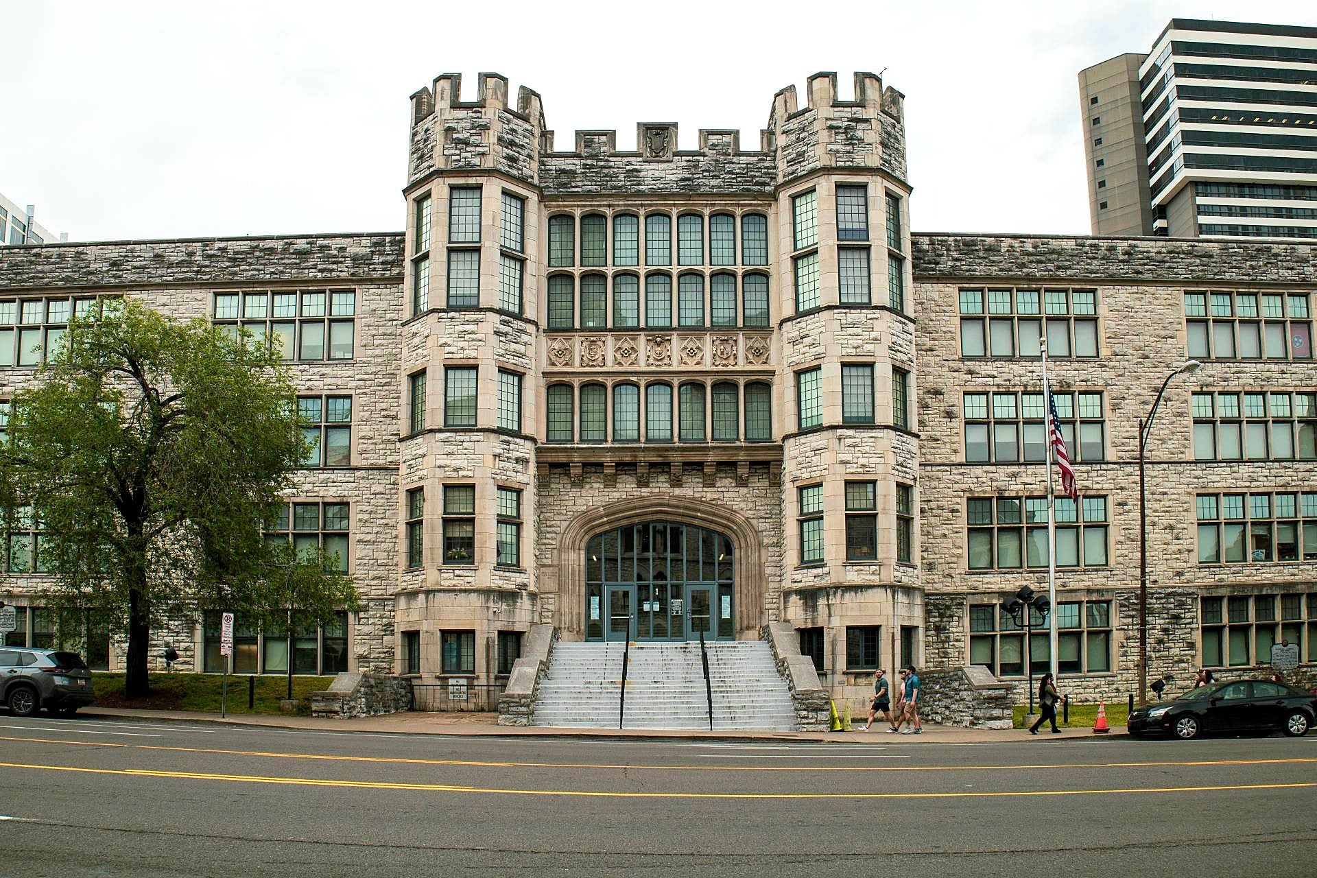 Historic stone school building on Broadway in downtown Nashville, TN