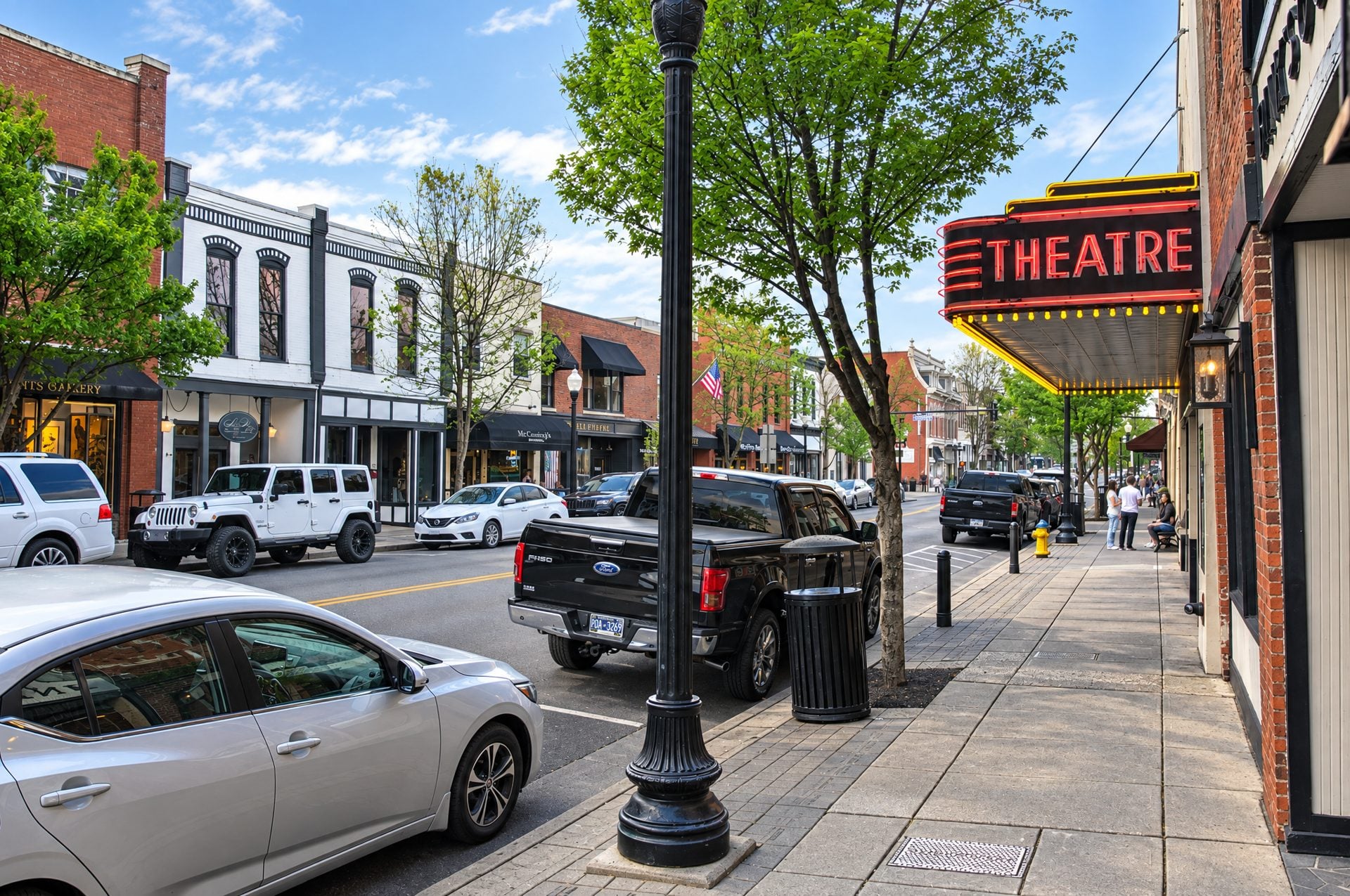 Main Street in Franklin, TN by the Theatre in daylight