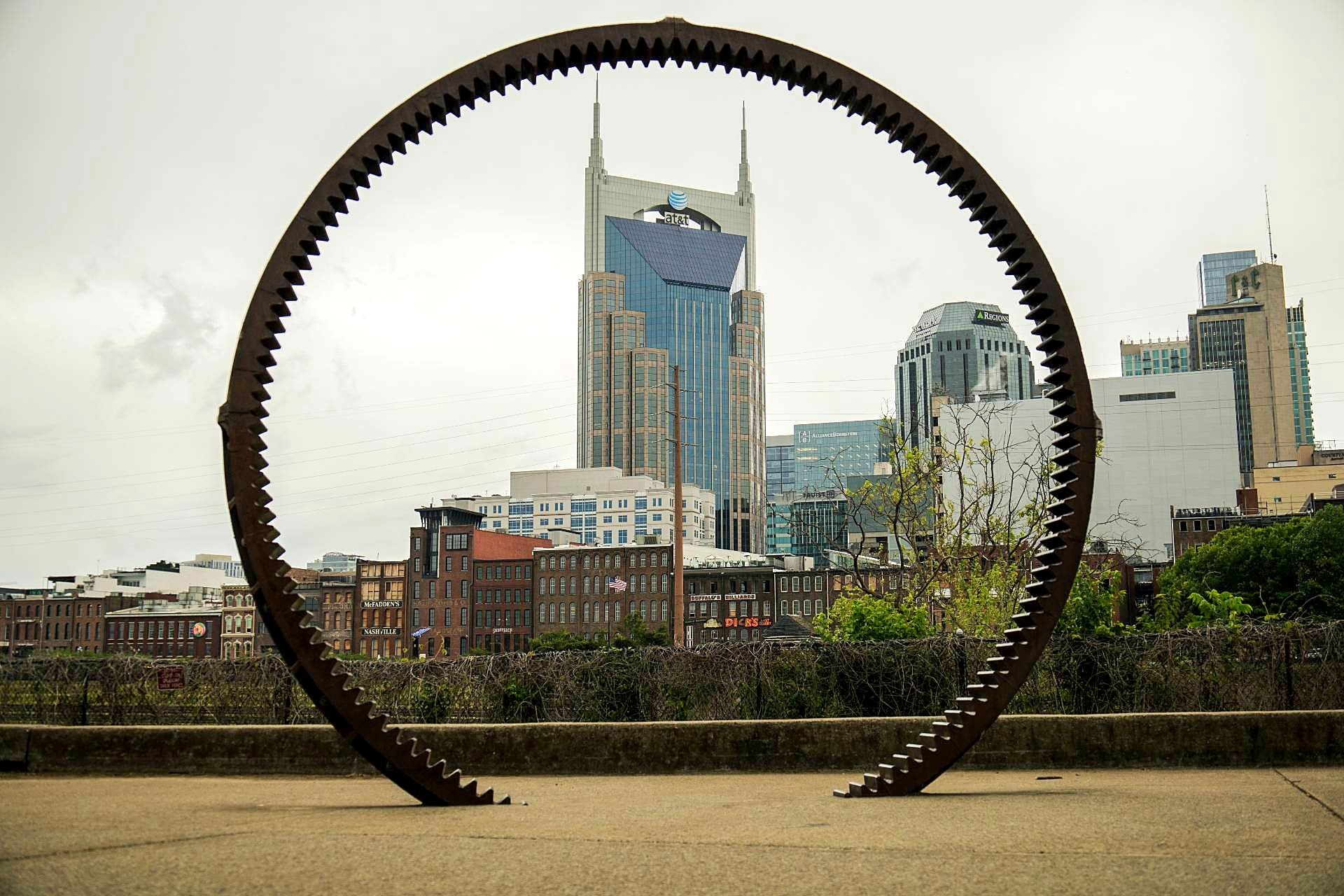 Downtown Nashville, TN skyline seen from the east bank of the Cumberland River