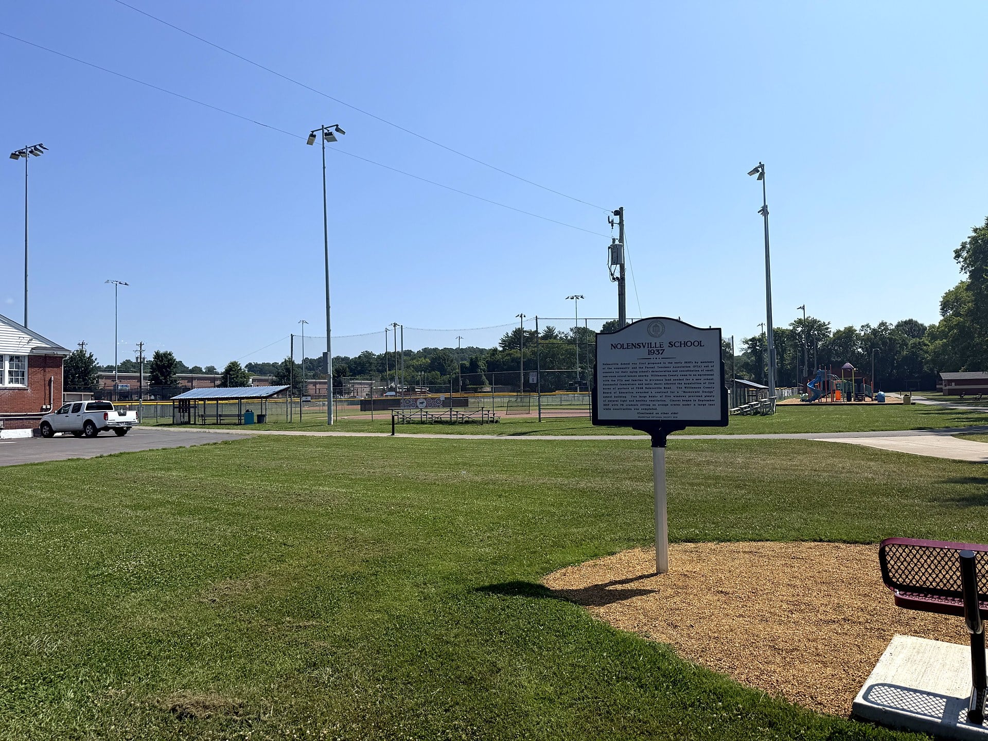 Historic marker and ball fields at the park beside the Historic Nolensville School