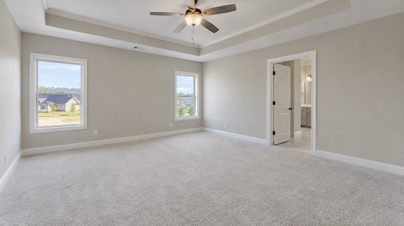 AI-generated sample of an empty primary bedroom with a tray ceiling and carpet