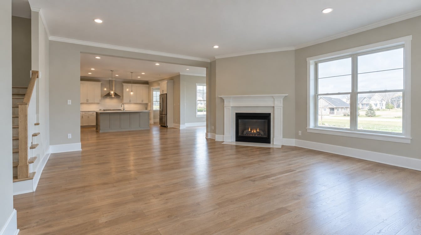 AI-generated sample of an empty living room with hardwood floors and a fireplace