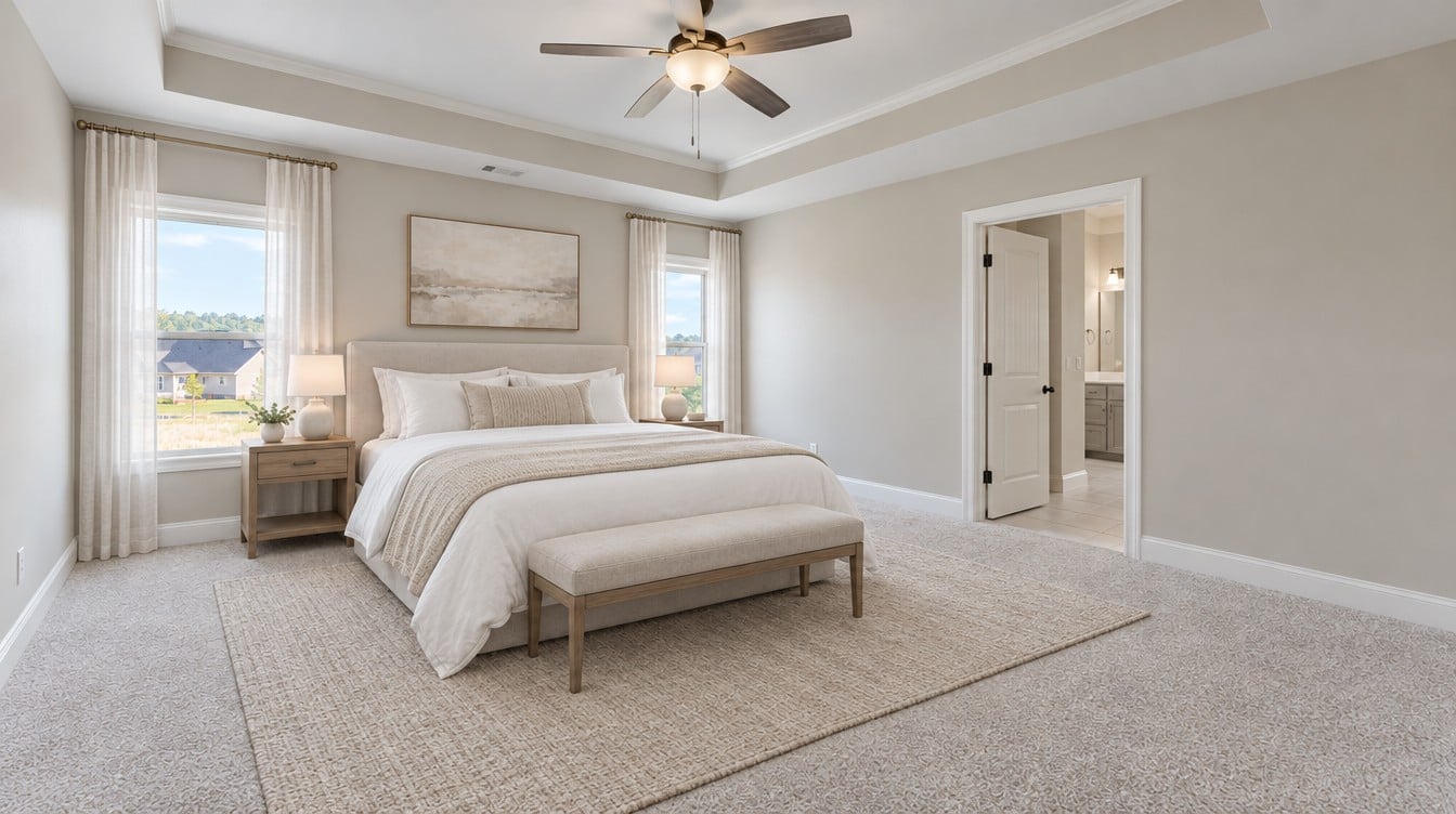 The same sample bedroom with AI staging: a king bed, nightstands, a rug and a bench
