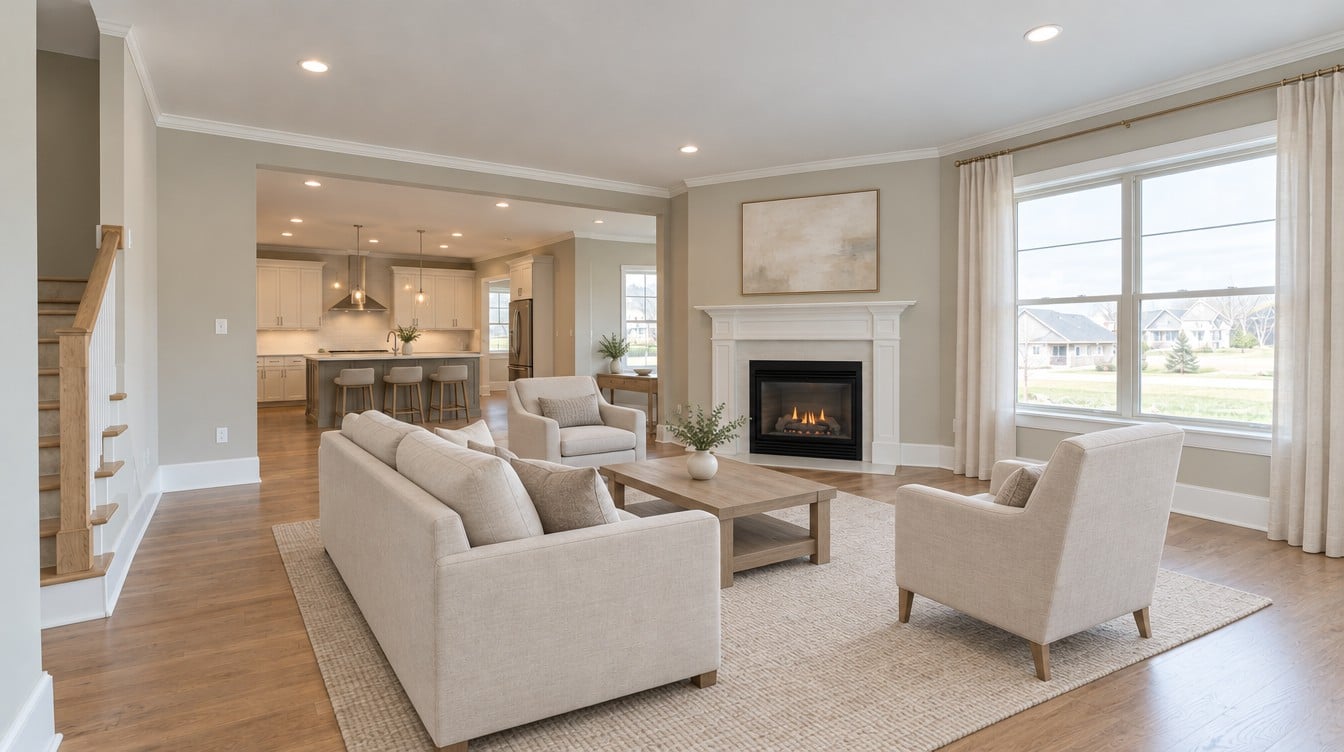 The same sample living room with AI staging: a sofa, two armchairs, a rug and a coffee table
