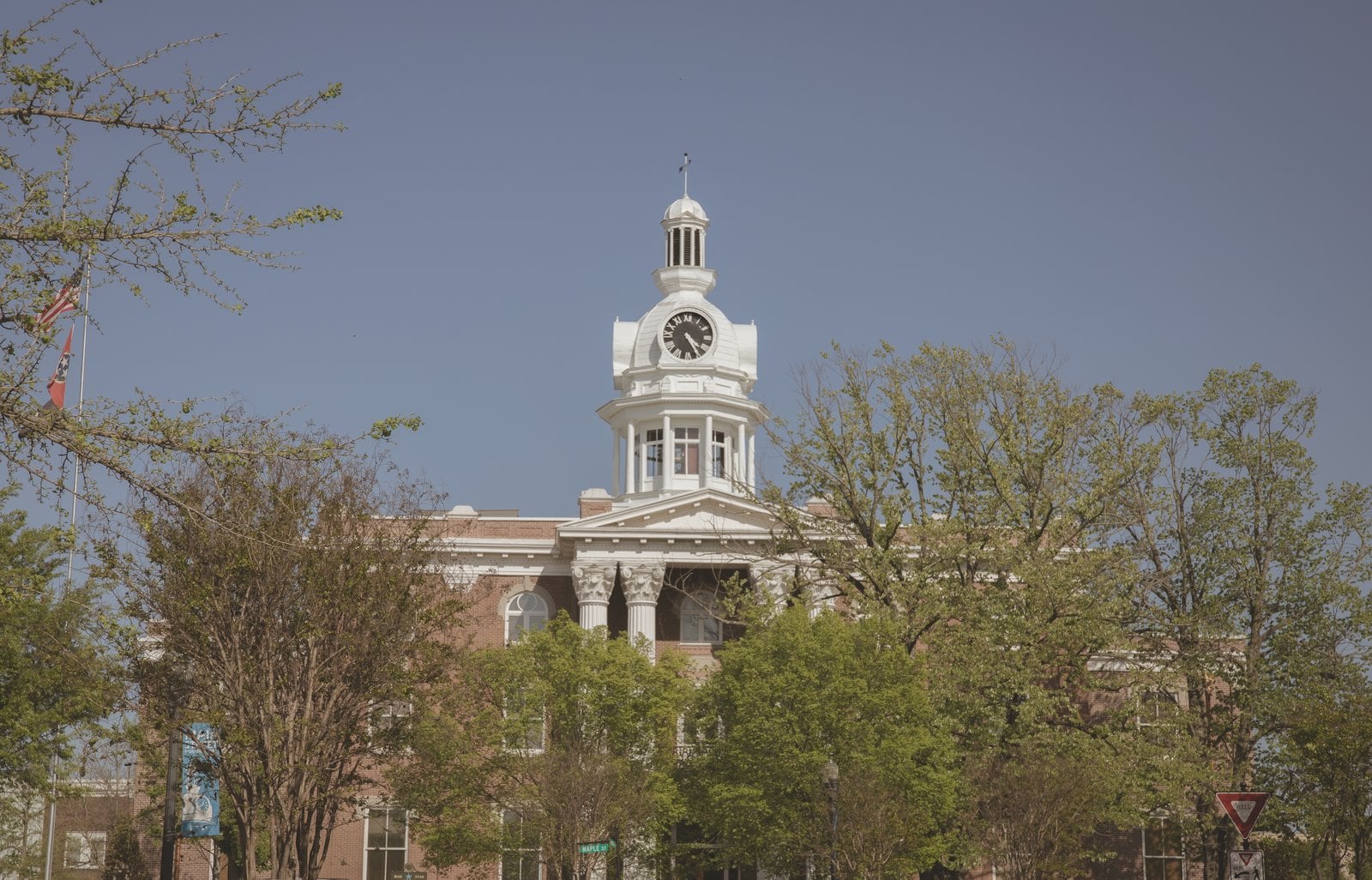 The white clock tower of the Rutherford County Courthouse rising above green trees on the Public Square in Murfreesboro, TN