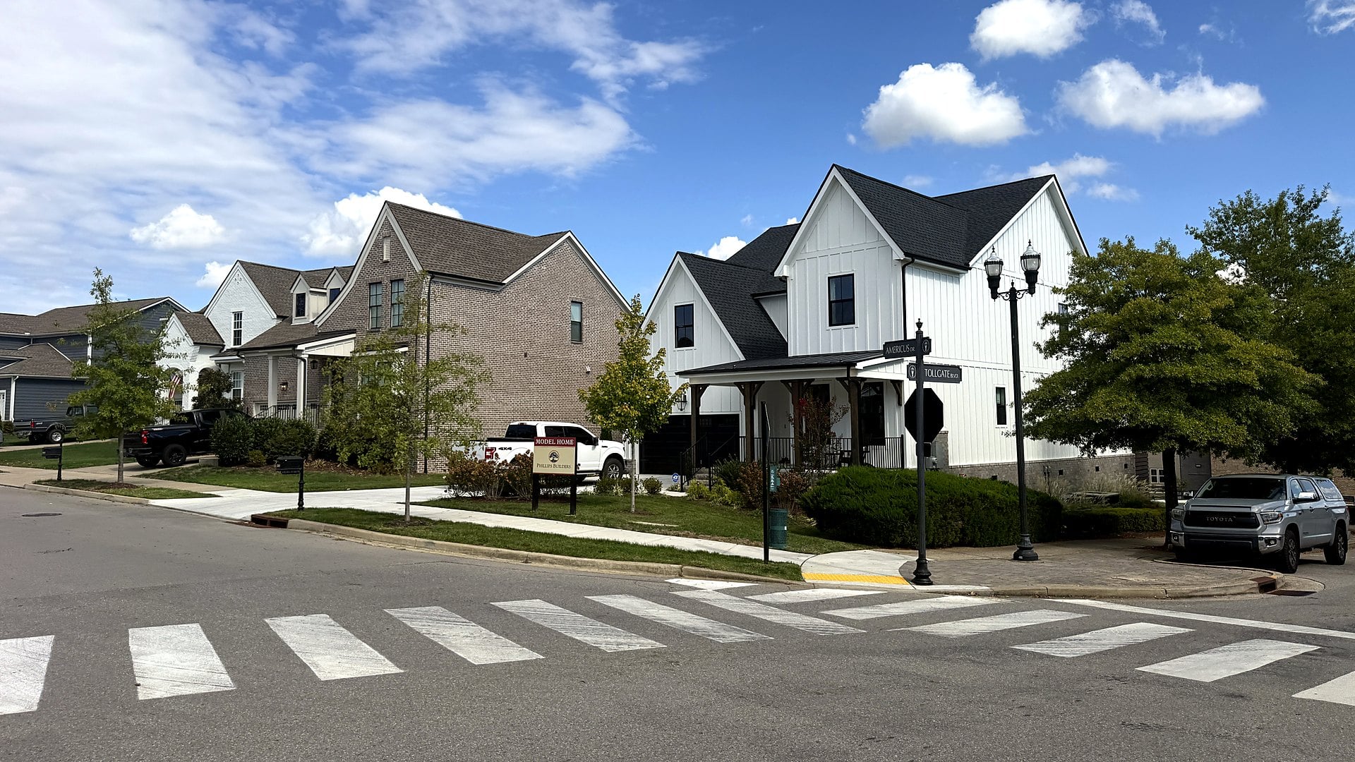 A street of new homes in Tollgate Village, Thompson's Station, Tennessee