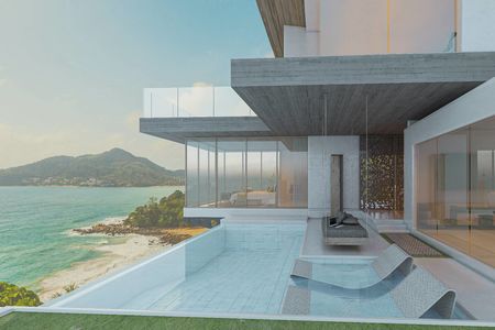 luxury modern backyard with a swimming pool sea view, 3d rendering