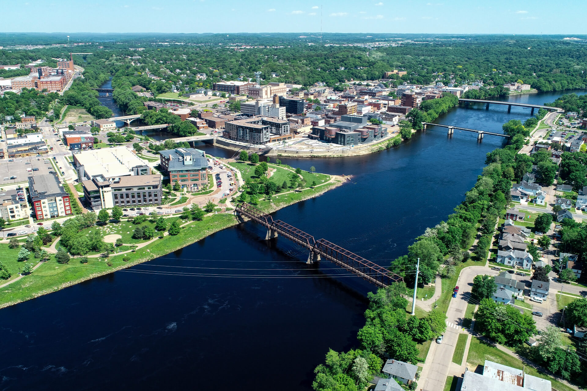 Eau Claire County, WI - aerial photograph of the Chippewa River approaching the confluence in downtown eau claire wisconsin