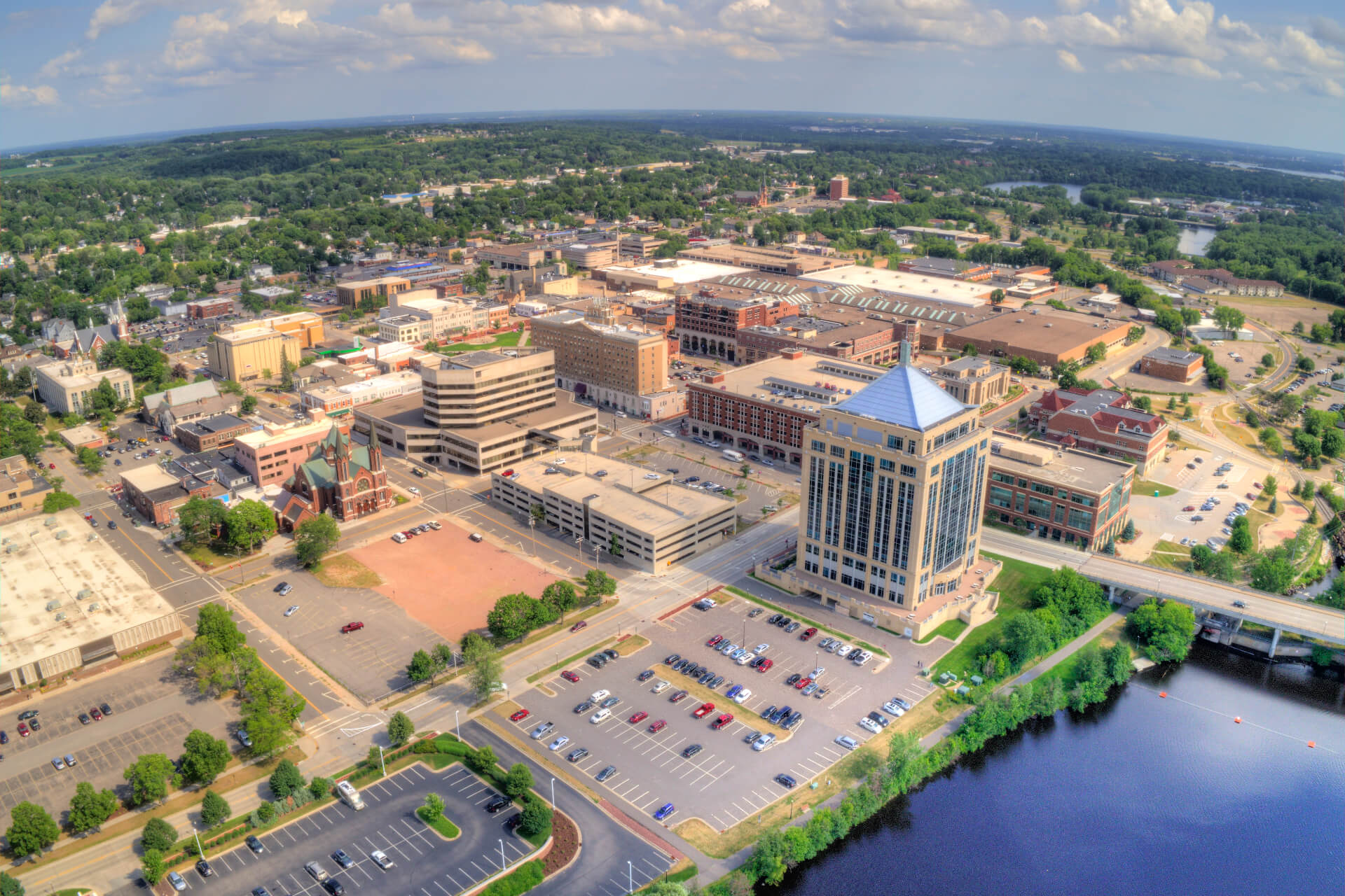 Marathon County, WI - Aerial View of the Wausau Skyline in Wisconsin