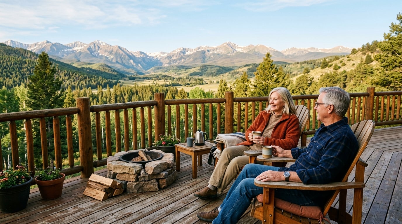 Couple enjoying morning coffee on a Colorado mountain deck with fire pit and mountain views — Jones Team Colorado with eXp Realty
