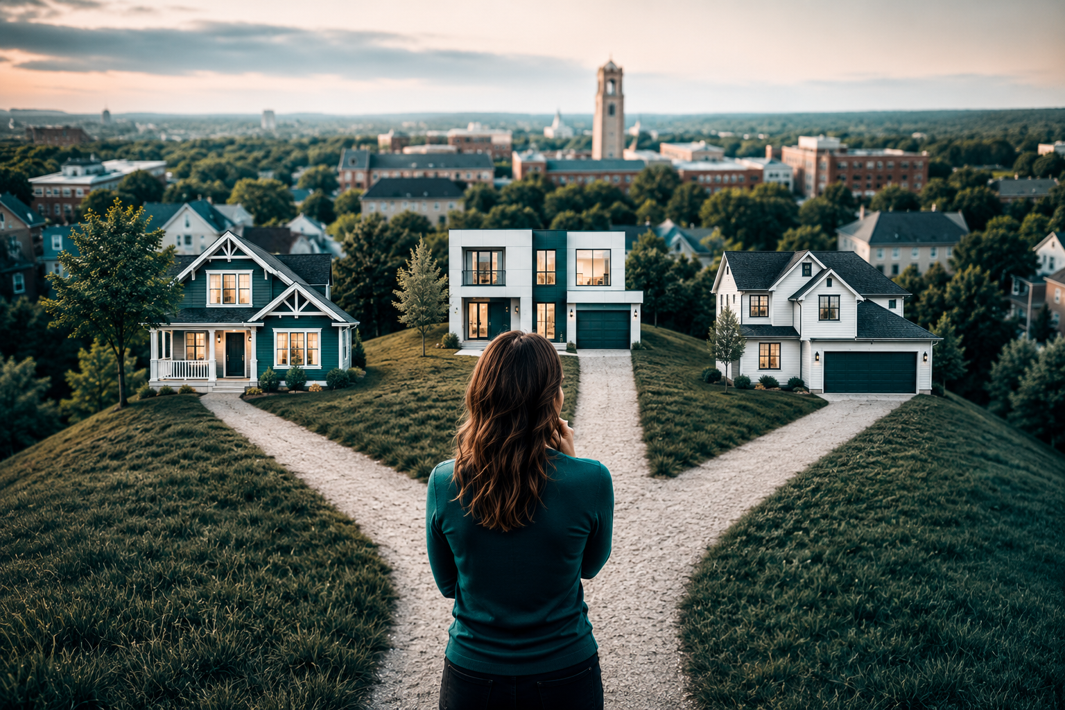 Homebuyer standing at a forked path choosing between three homes in Ann Arbor, symbolizing important home buying decisions and avoiding buyer regret.