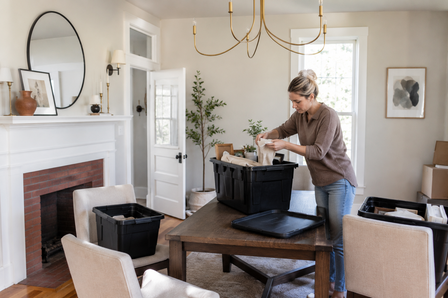 Woman decluttering and packing home decor in a bright dining room to prepare a house for sale and professional staging.