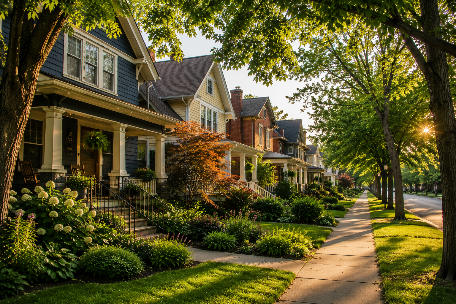 Beautiful Ann Arbor neighborhood with historic homes, front porches, mature trees, and walkable sidewalks at golden hour.