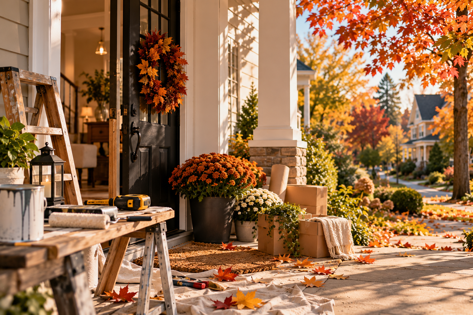 Ann Arbor home being prepared for sale with fall landscaping and home repair tools on the porch