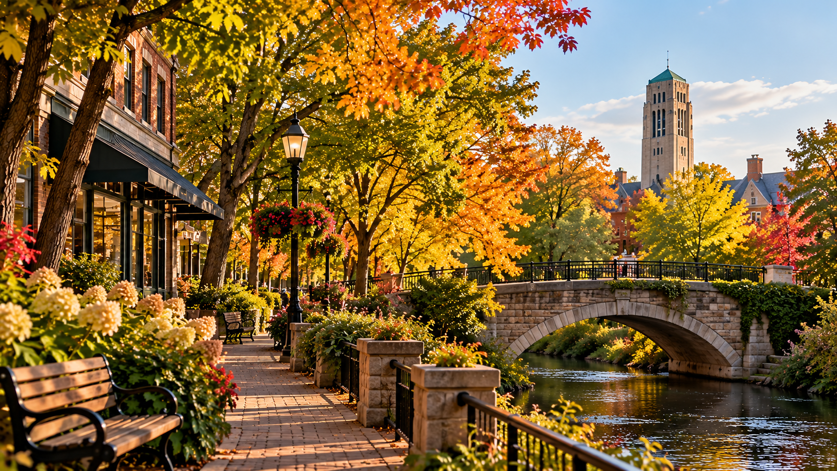 Autumn walkway beside a stone bridge over a river, surrounded by colorful fall foliage, benches, and historic-style buildings.