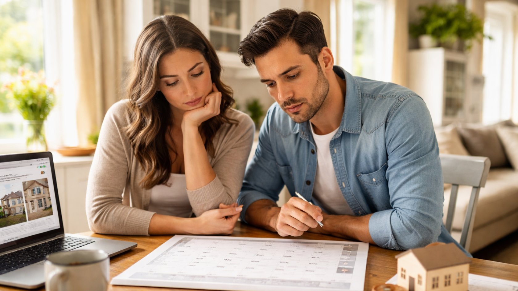 A couple planning the best week to list their home in Portland Oregon using a calendar