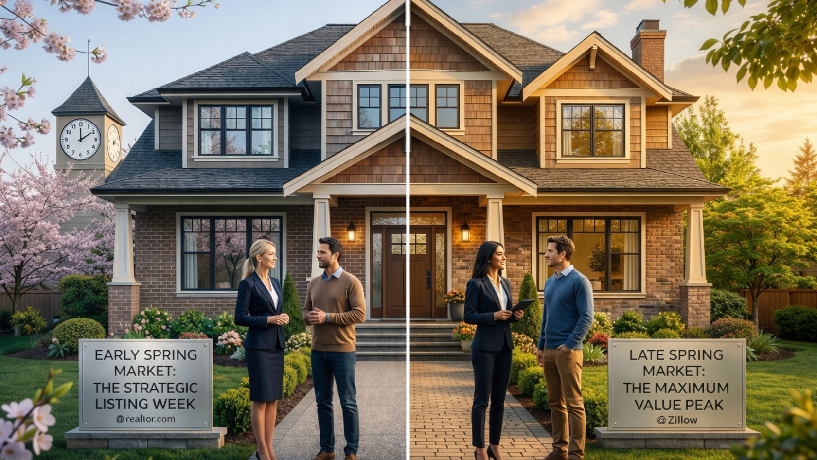 Real estate agents standing in front of a sold modern home in Portland Oregon during the spring market