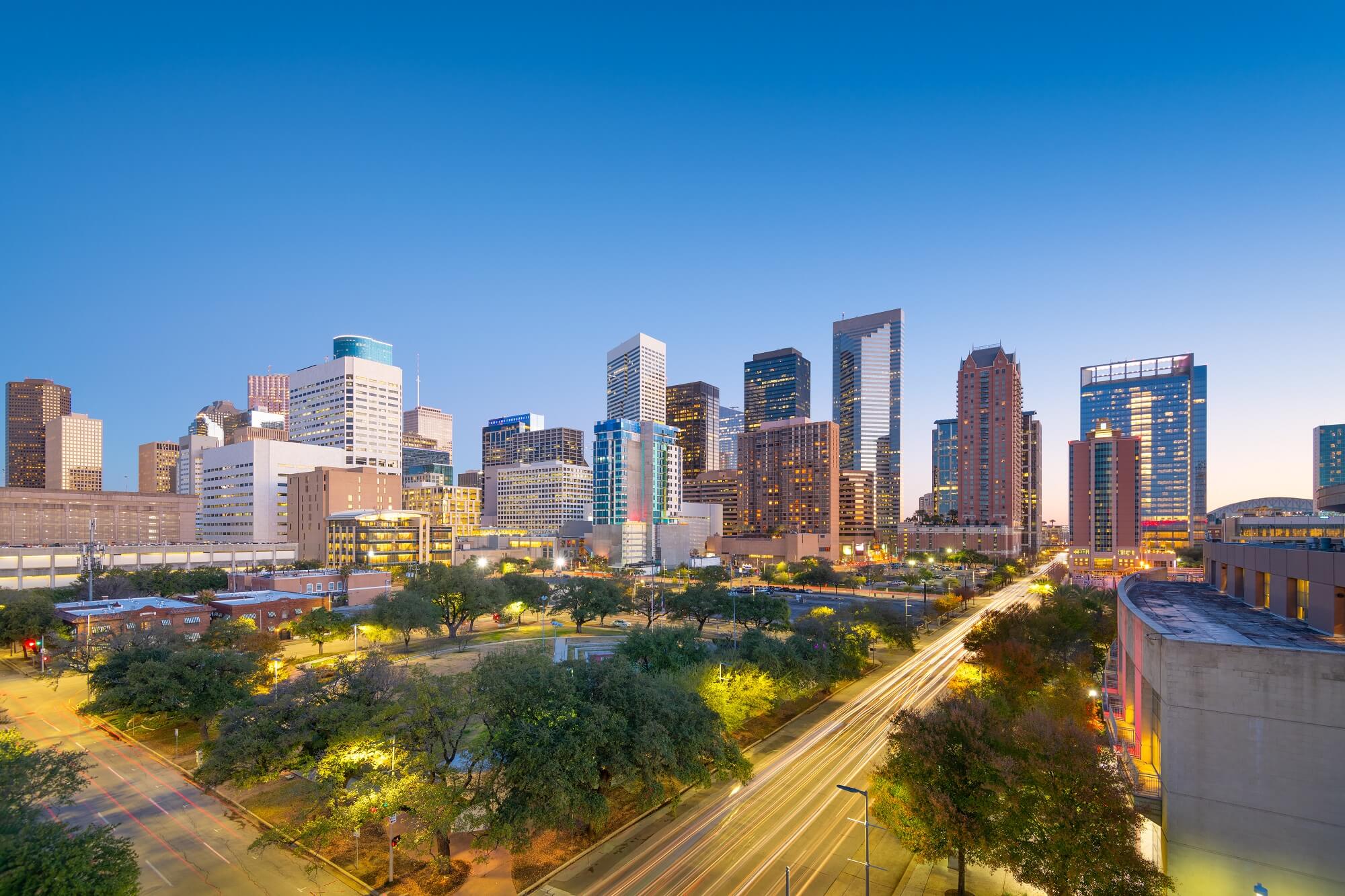 Houston TX downtown park and skyline at twilight