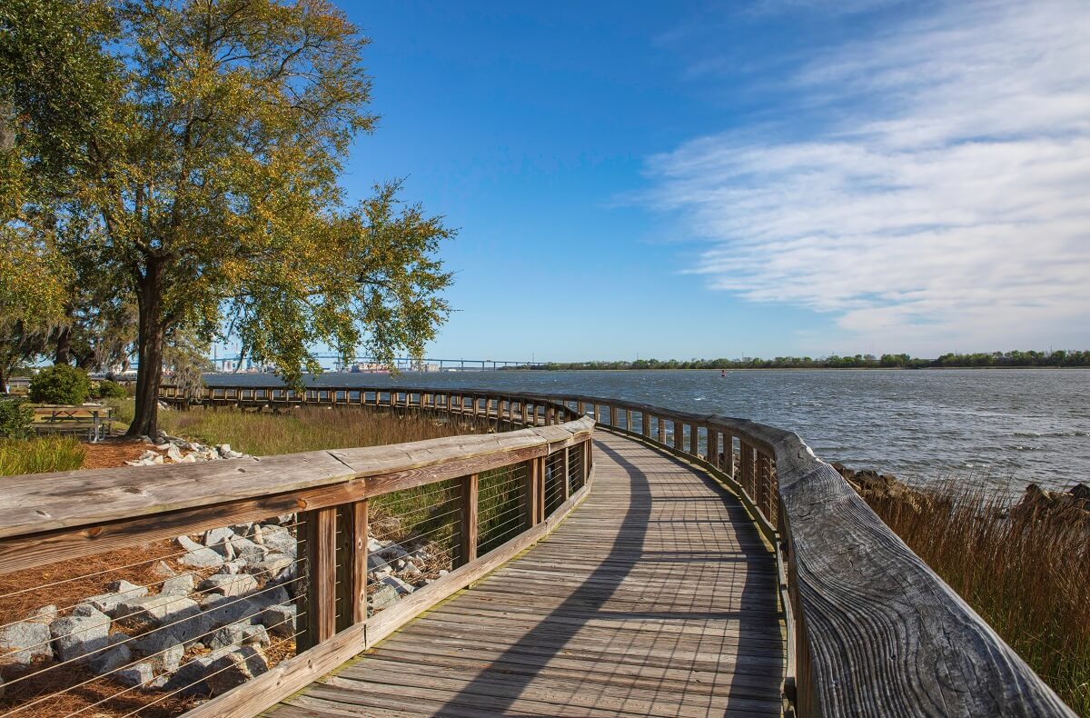 Boardwalk along the Cooper River at North Charleston, South Carolina, Riverfront Park.