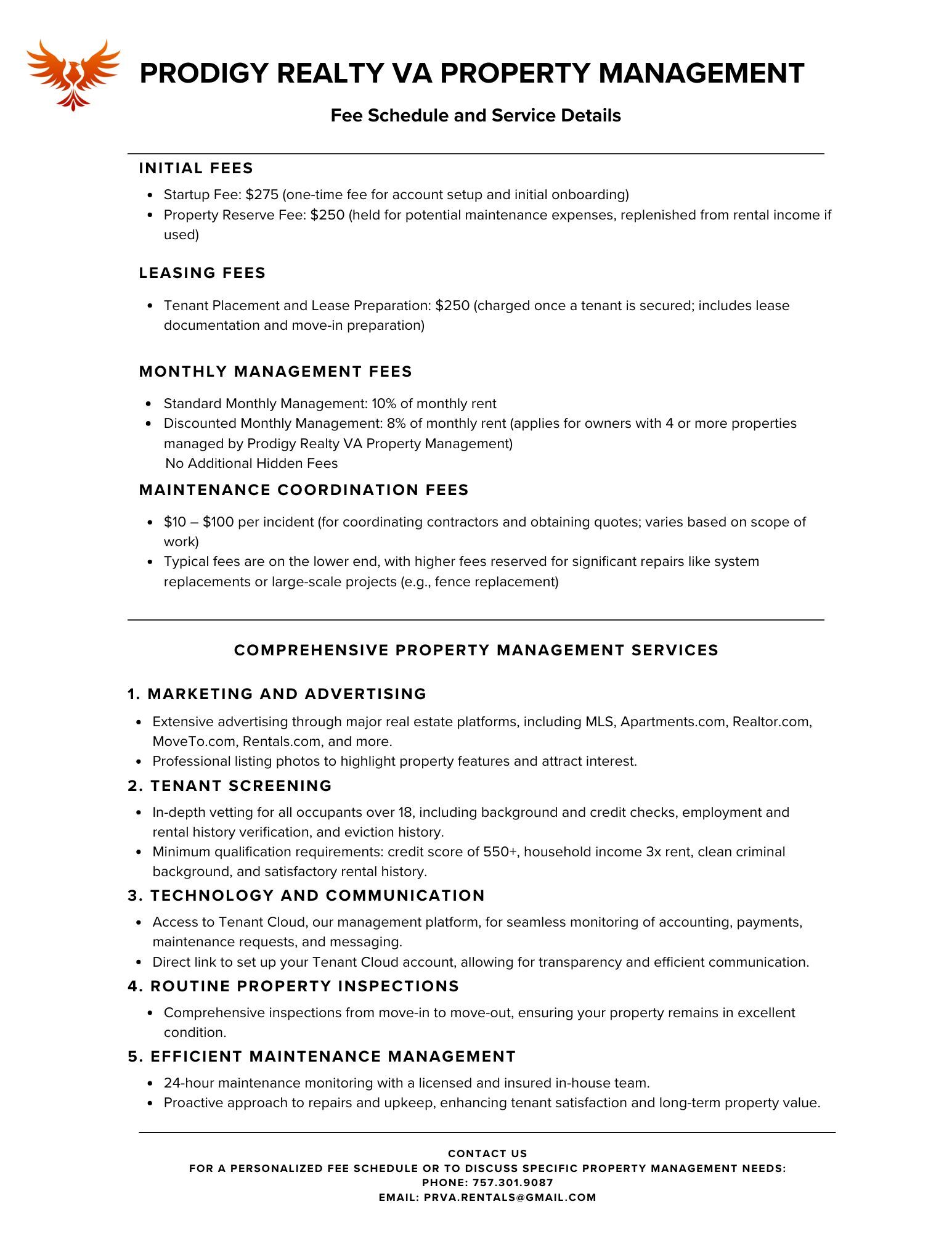 PRVA Fee Schedule and Service Details