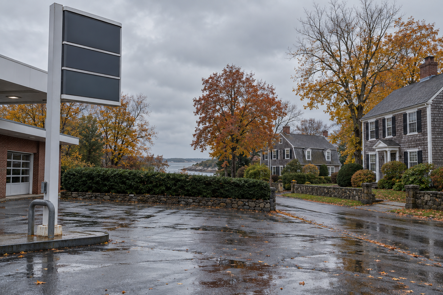 Blank gas station price sign beside wet pavement and coastal Connecticut homes in autumn.