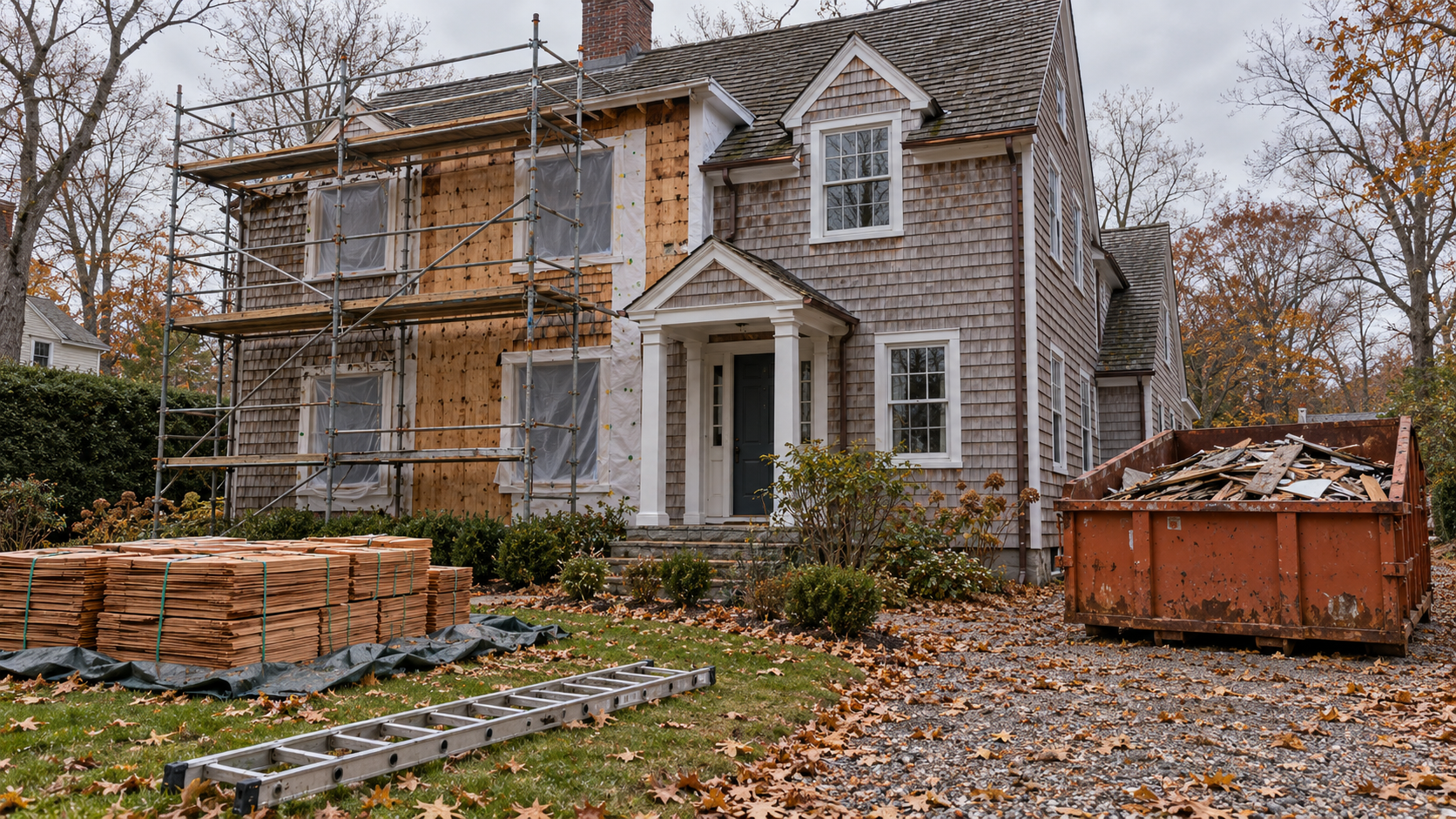 Illustration of a cedar-shingle house undergoing renovation, with scaffolding and construction materials