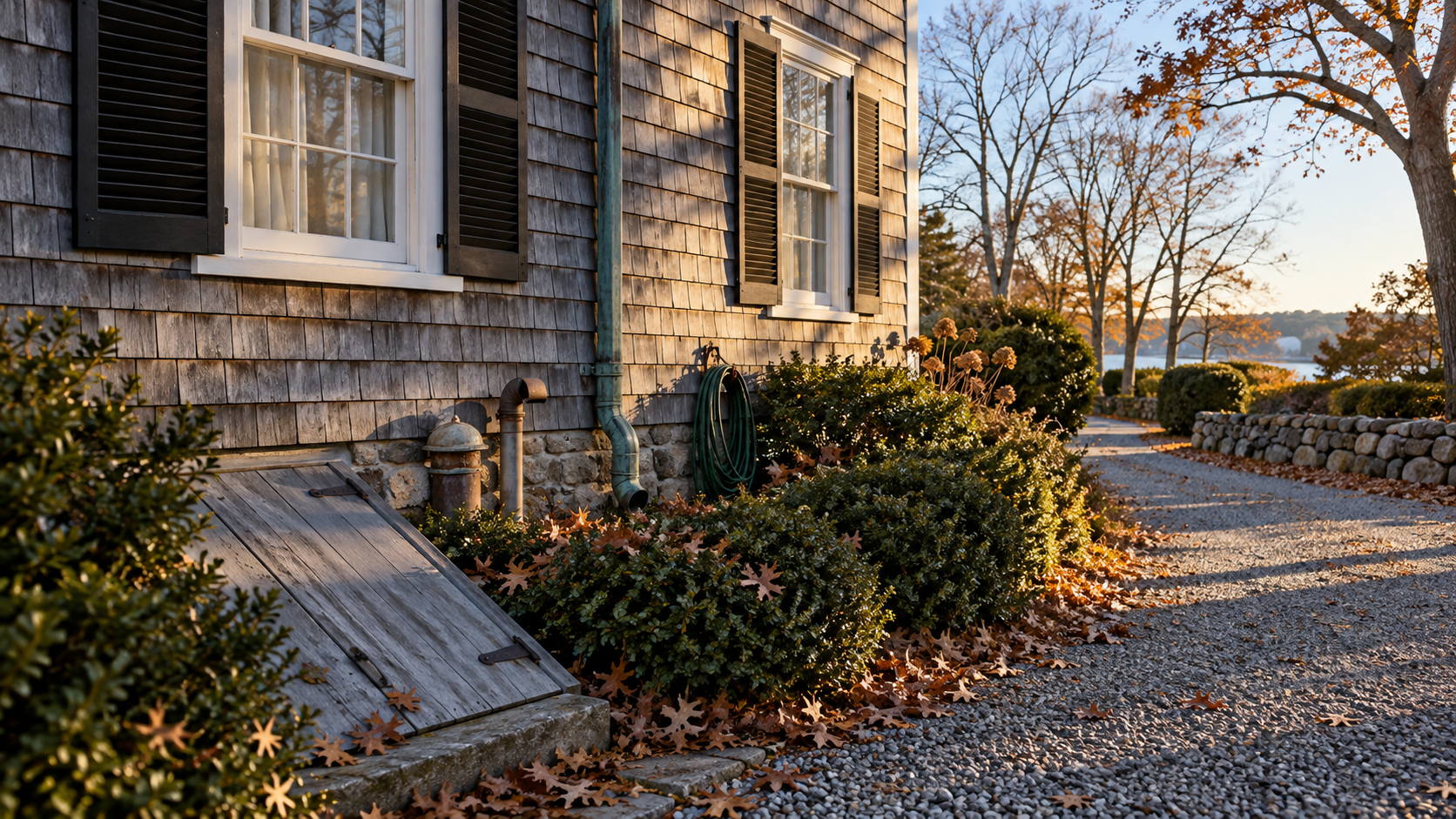 Autumn side yard of a shingled Connecticut colonial with basement bulkhead and heating-oil fill pipes