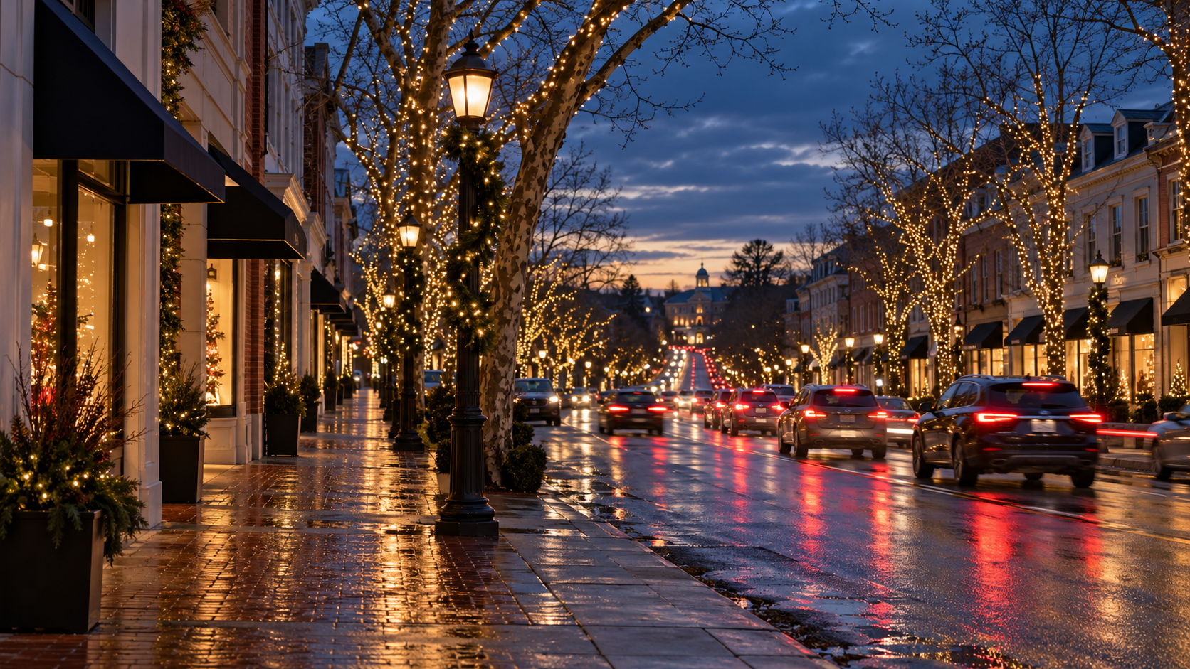 AI-generated illustration of Greenwich Avenue holiday lights at blue hour