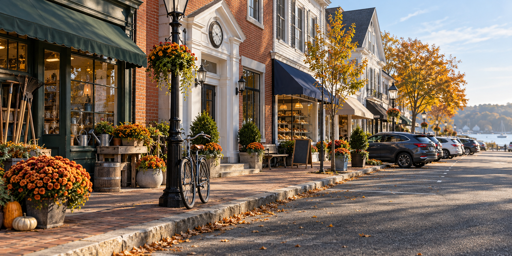 Illustrated coastal Connecticut village street with autumn foliage and storefronts
