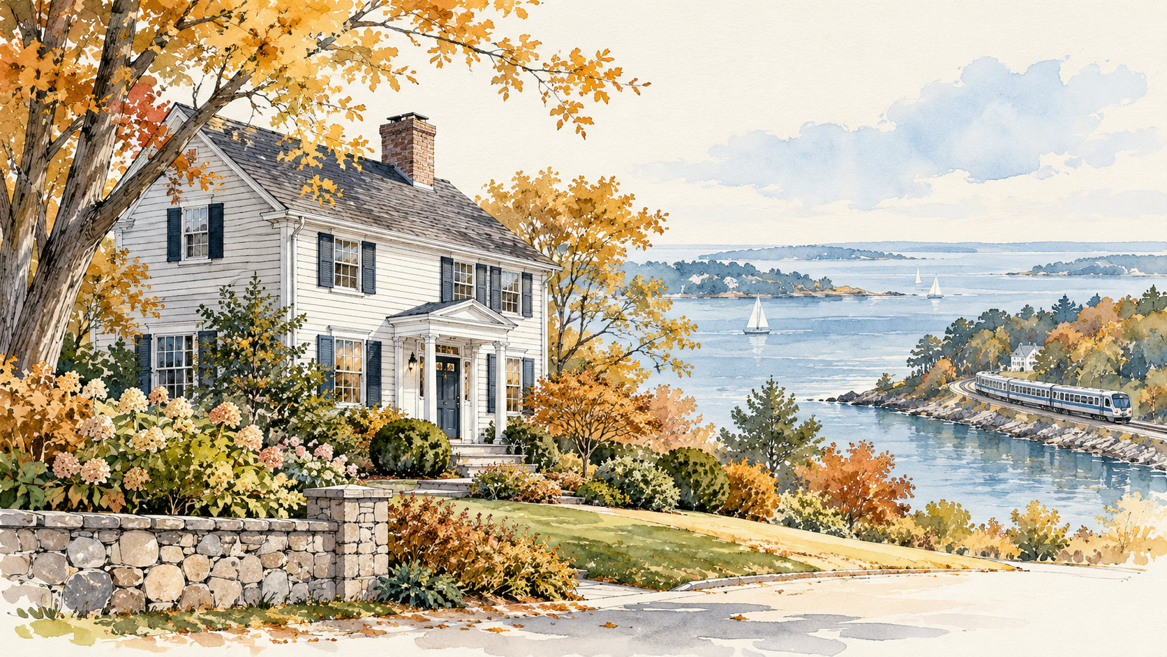 Editorial watercolor illustration of a New England house, autumn trees, water and a train; not a specific Riverside property