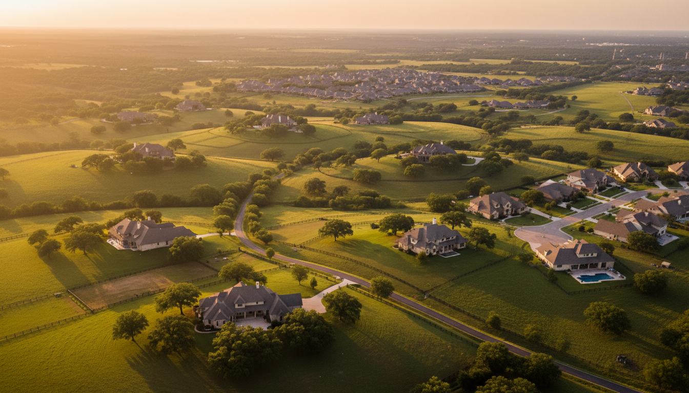 Aerial view of Argyle Texas landscape showing rolling hills with estate homes and horse properties alongside newer master-planned community development
