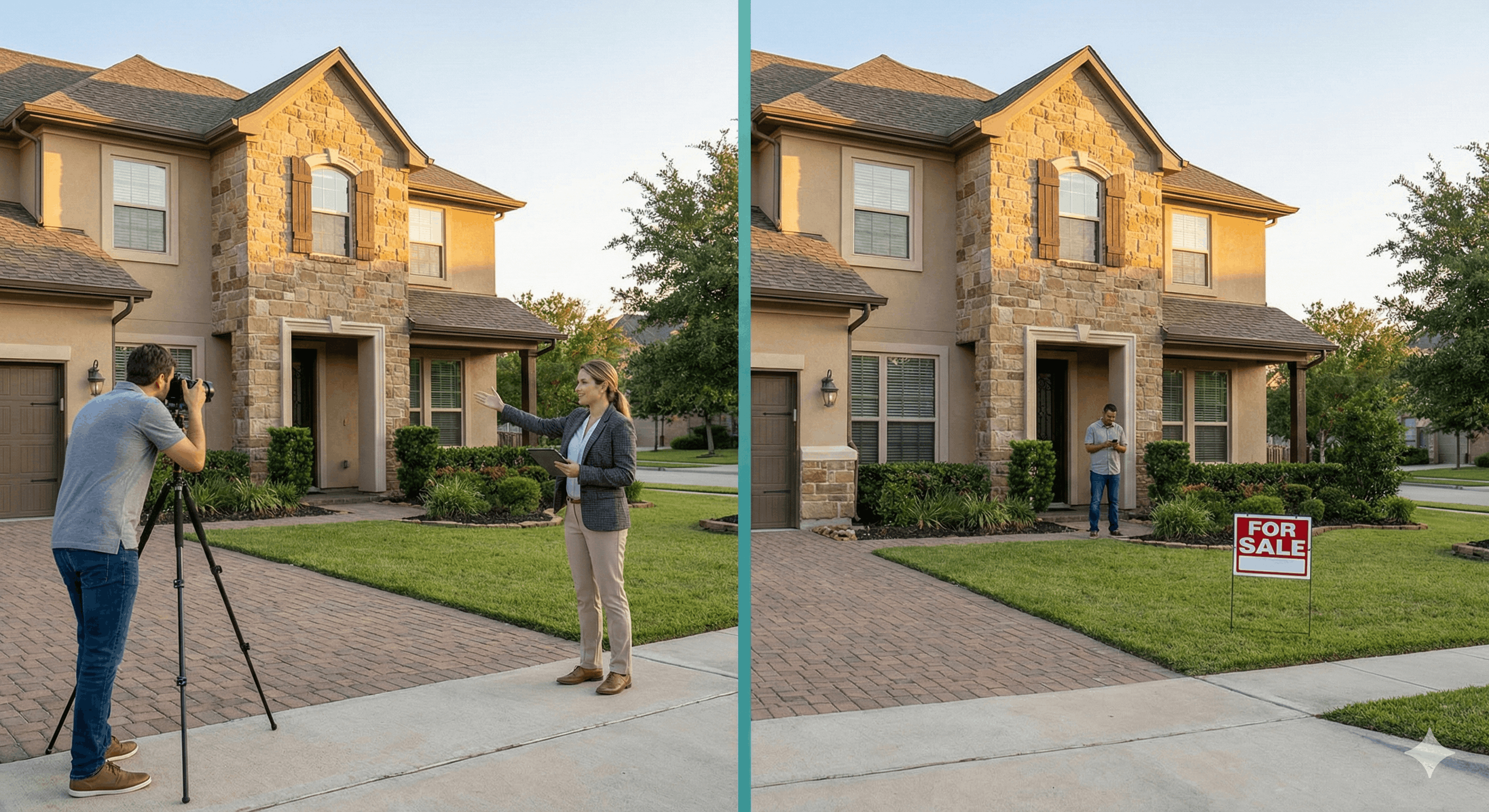 Side-by-side comparison of a home being sold with a full-service real estate agent versus a discount or self-managed listing approach in a Texas suburban neighborhood.
