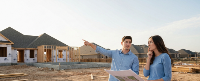 Couple reviewing new construction home plans on West Fort Worth building lot