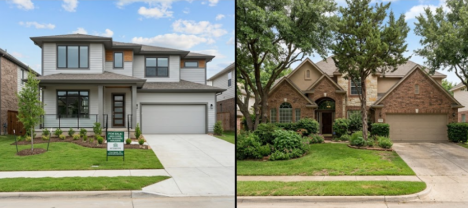 New build vs existing home Fort Worth TX comparison on residential street