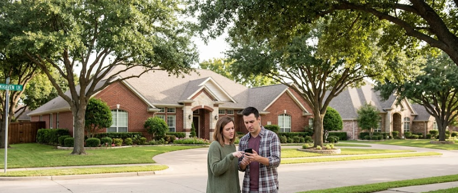 Argyle TX couple reviewing real estate timeline on phone outside home
