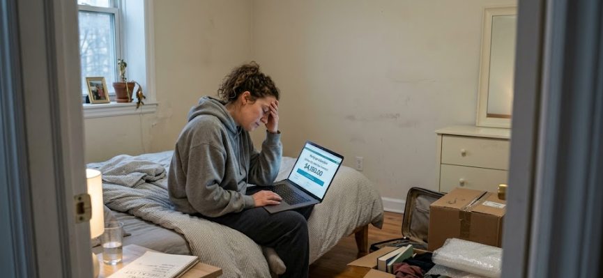 Worried homebuyer reviewing mortgage payment on laptop before closing