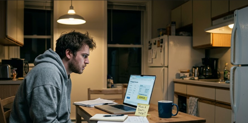 Young adult at kitchen table considering parents' down payment help with mortgage calculator