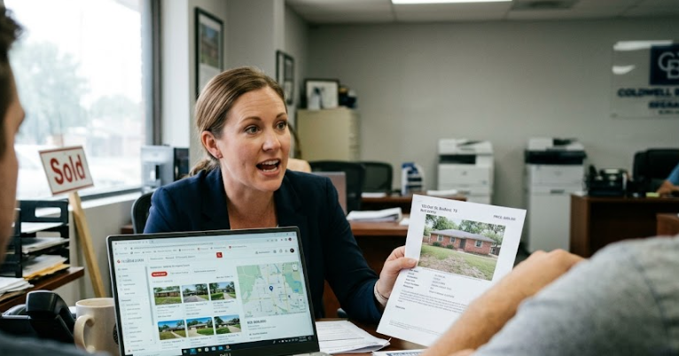 Homebuyer looking skeptical during conversation with realtor at office desk