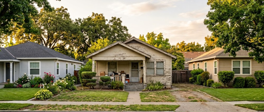Cheapest house in neighborhood with worn exterior among well-maintained homes