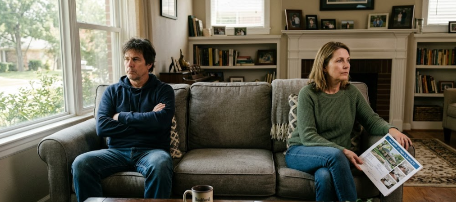 Couple on couch showing disagreement about buying a house decision