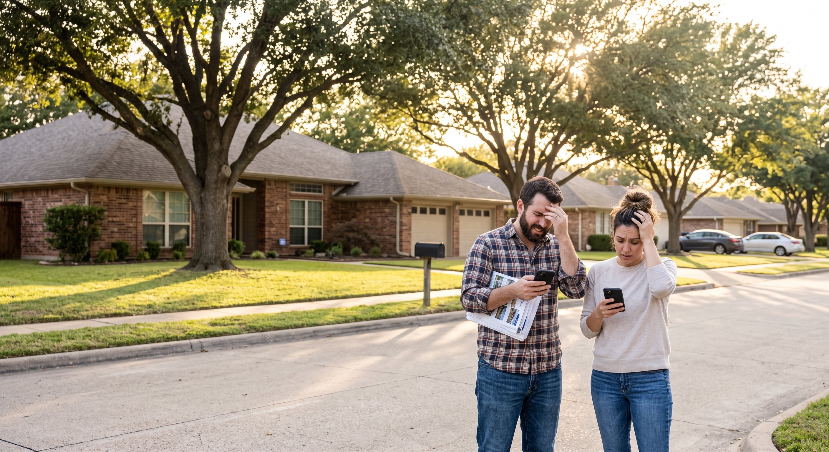 DFW couple overwhelmed looking at house listings while standing in front of a home