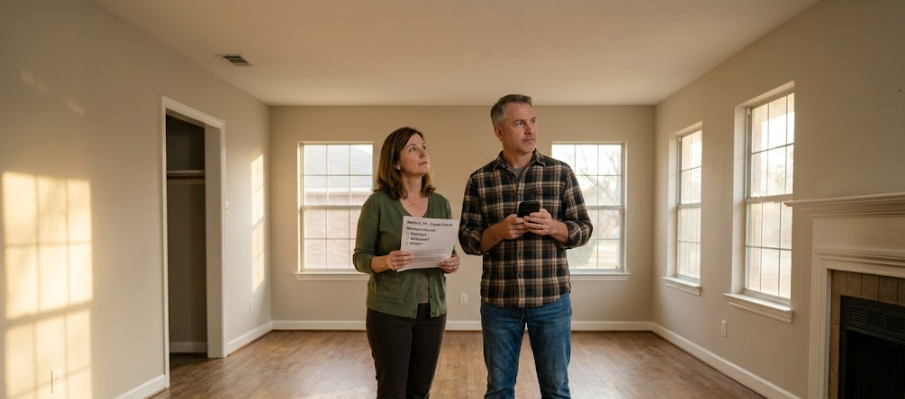Couple viewing empty house together during second marriage home purchase