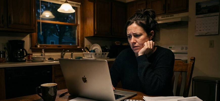 Homebuyer reviewing mortgage pre-approval letter at kitchen table, looking concerned about loan amount