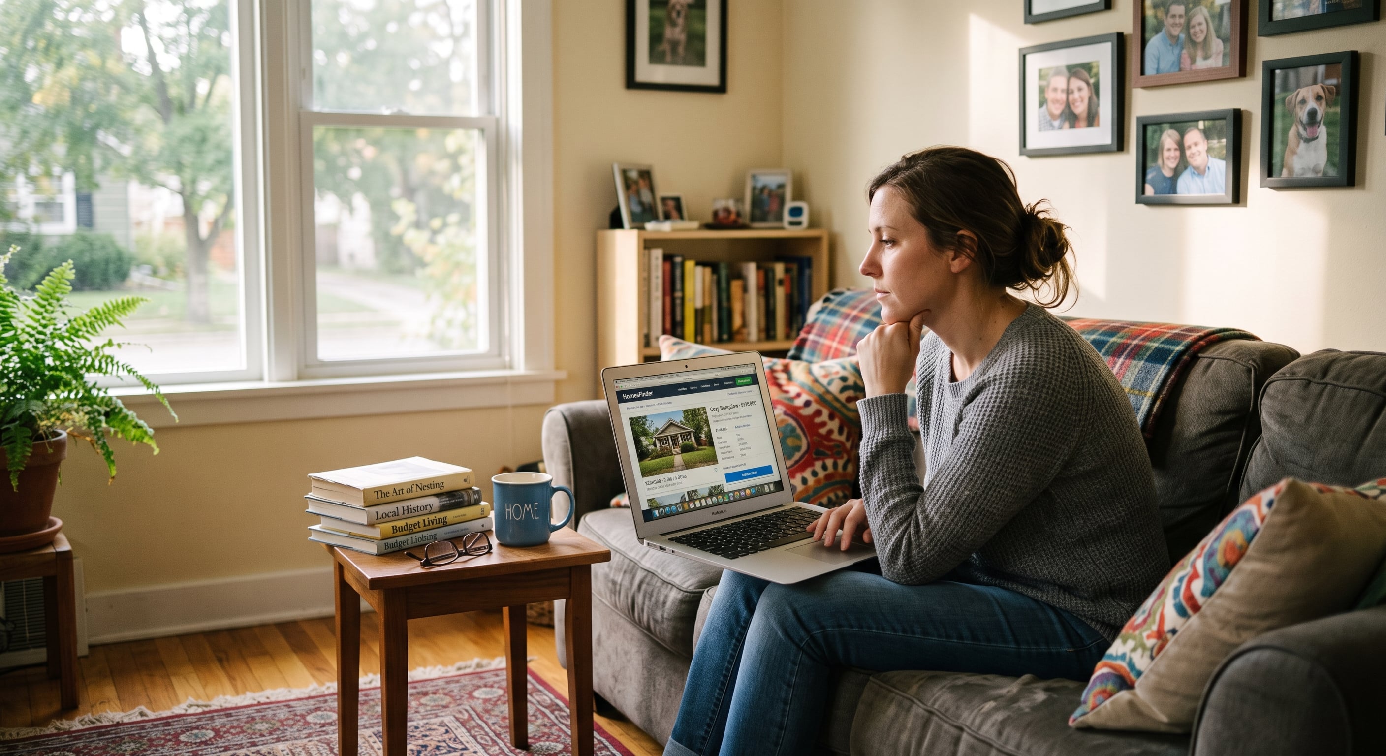 Person browsing real estate listings on laptop at home, considering talking to a realtor