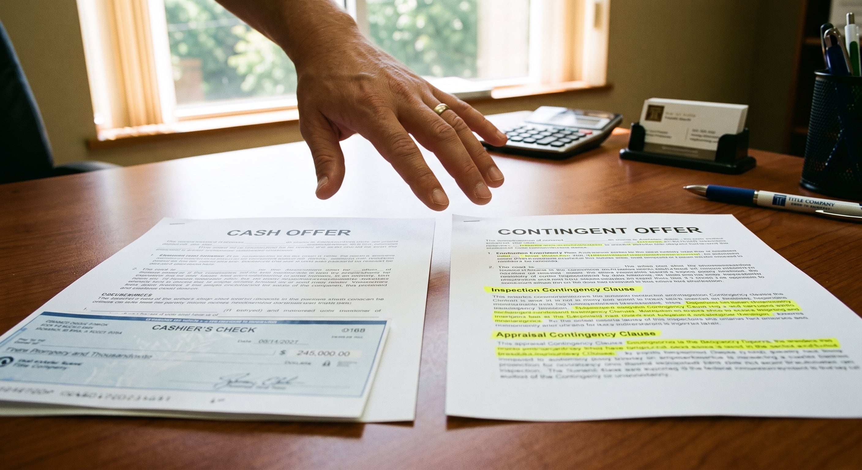 Cash offer vs contingent offer comparison on a desk with documents