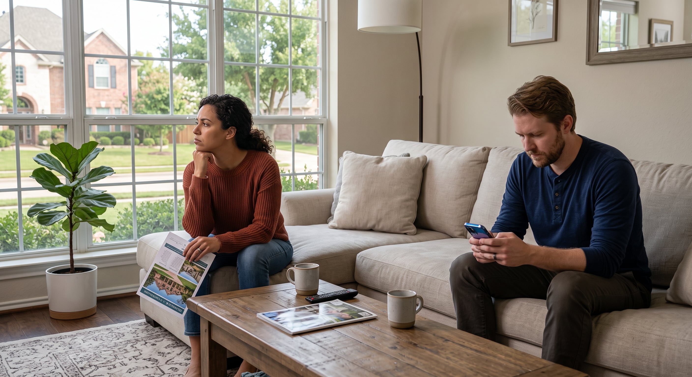 Couple on couch disagreeing about house choice, each looking at different listings